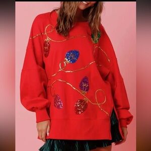 Sequin Christmas Lights Red Sweatshirt Holiday Statement Sweater